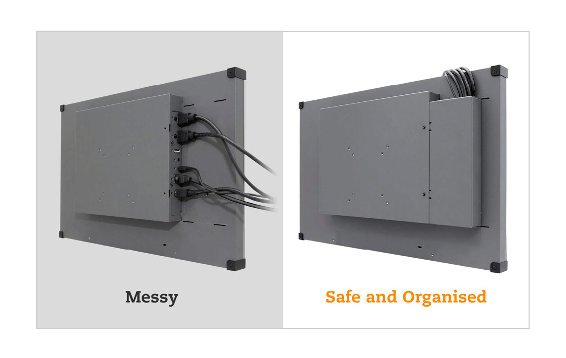 TBX-2201 transportation monitor for onboard passenger information display has cable management design on the back