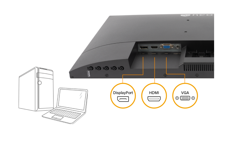 MH2702 無邊框影音娛樂螢幕 DisplayPort/HDMI/VGA 介面示意