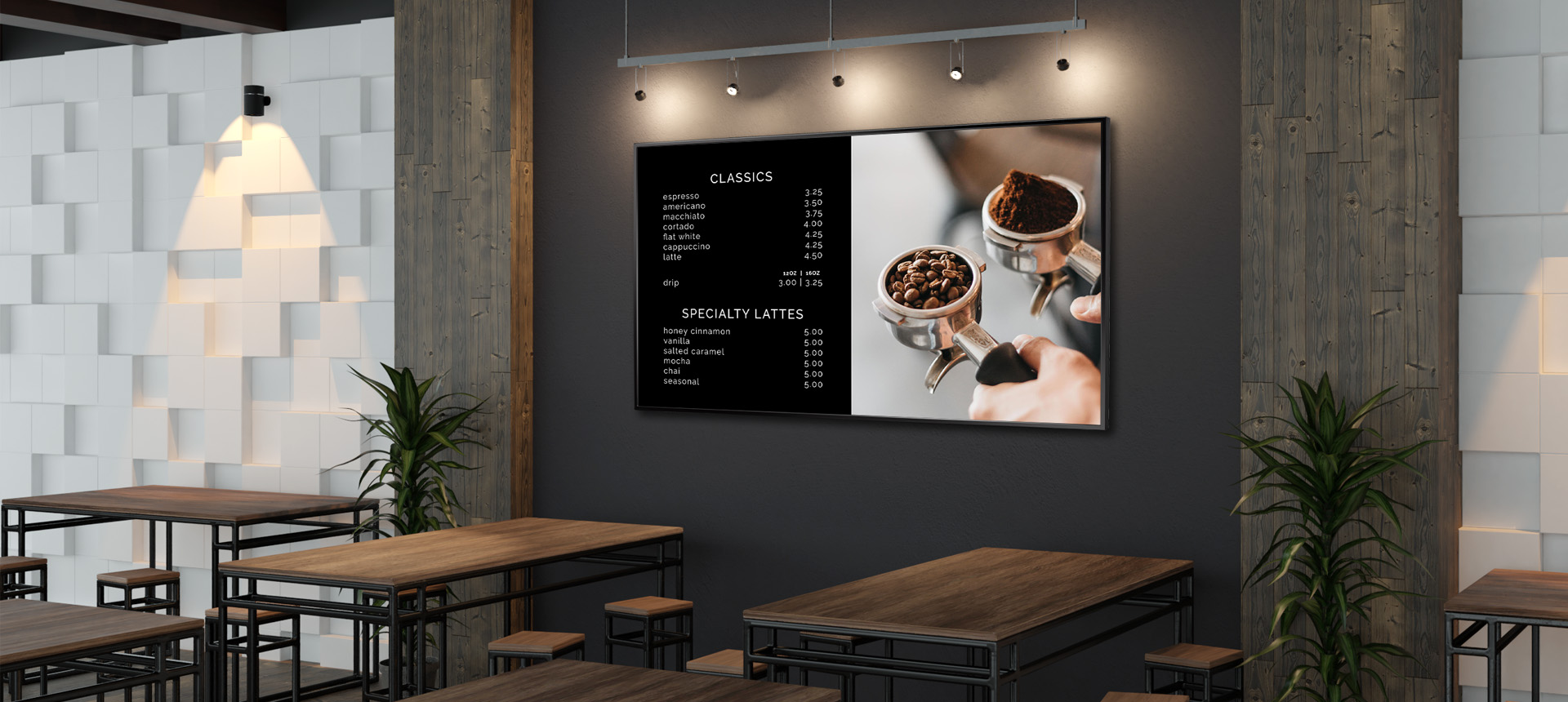 餐廳內安裝 AG Neovo 大型商用顯示器示意