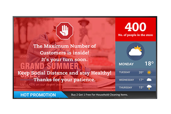 A digital signage shows warning messages because of overcapacity